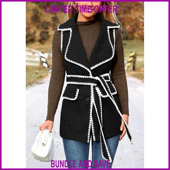 Tweed Vest Jacket Sleeveless Lapel Button Front Belt Winter Outerwear - Picture 6 of 8